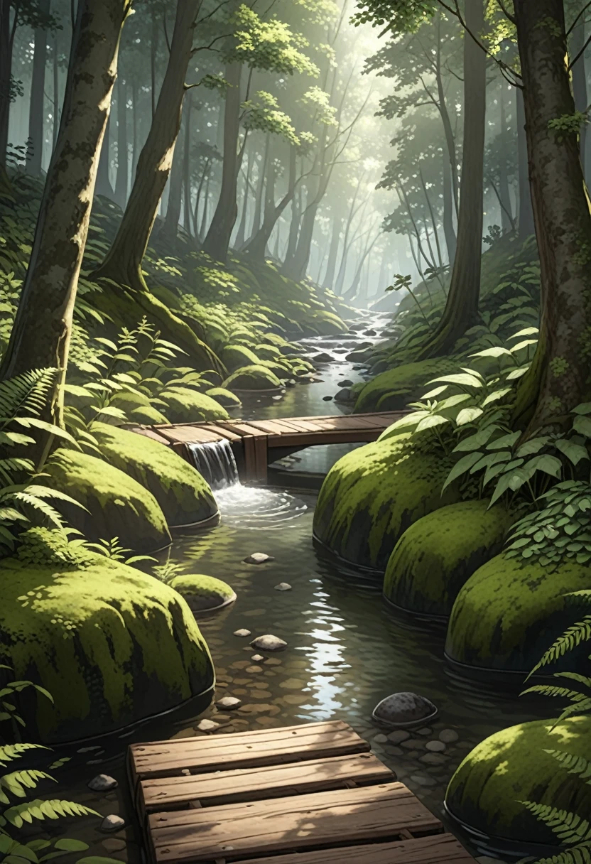 Generate a highly detailed, semi-realistic 8K image of a serene forest scene with a clear, flowing stream. The stream should have detailed water textures and reflect the sunlight, with rocks covered in moss and ferns growing alongside the bank. The forest should feature dappled light filtering through the leaves, creating soft shadows and intricate patterns on the forest floor. Include detailed wooden pathways and textured stone paths that lead through the forest. The atmosphere should be calm and refreshing, with anime style 40% and realistic details 80%, focusing on natural, muted tones to enhance the serene environment.