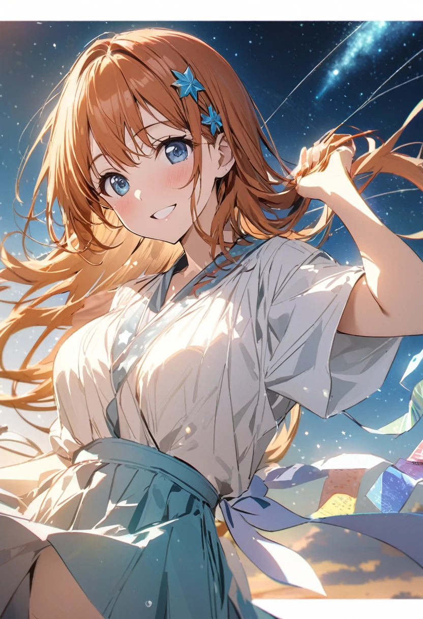 masterpiece,highest quality,ultra-detailed,high-definition background,8K,hi-res,high quality,BREAK,water滴、たくさんのwater滴、water,girl, japanese manga style, sketch, water彩色.Tanabata.milky way、((Orihime and Hikoboshi:1.5))、A radiant smile、Smile、Star of the sky