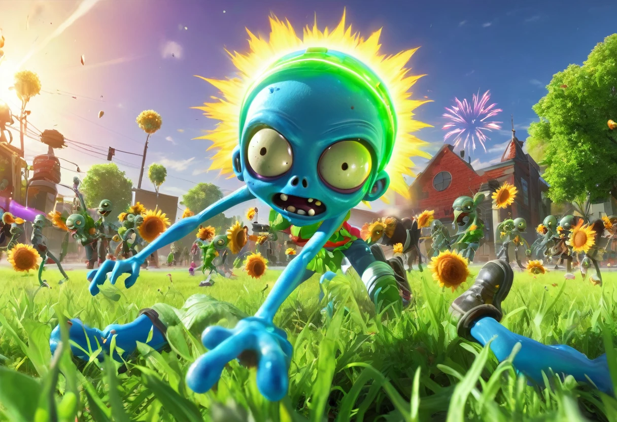 1girl,detailed plants vs zombies scene,detailed zombies,colorful plants,lush green grass,bright blue sky,shining sun,explosions,fireworks effects,action and energy,dynamic composition,(best quality,4k,8k,highres,masterpiece:1.2),ultra-detailed,(realistic,photorealistic,photo-realistic:1.37),vibrant colors,cinematic lighting