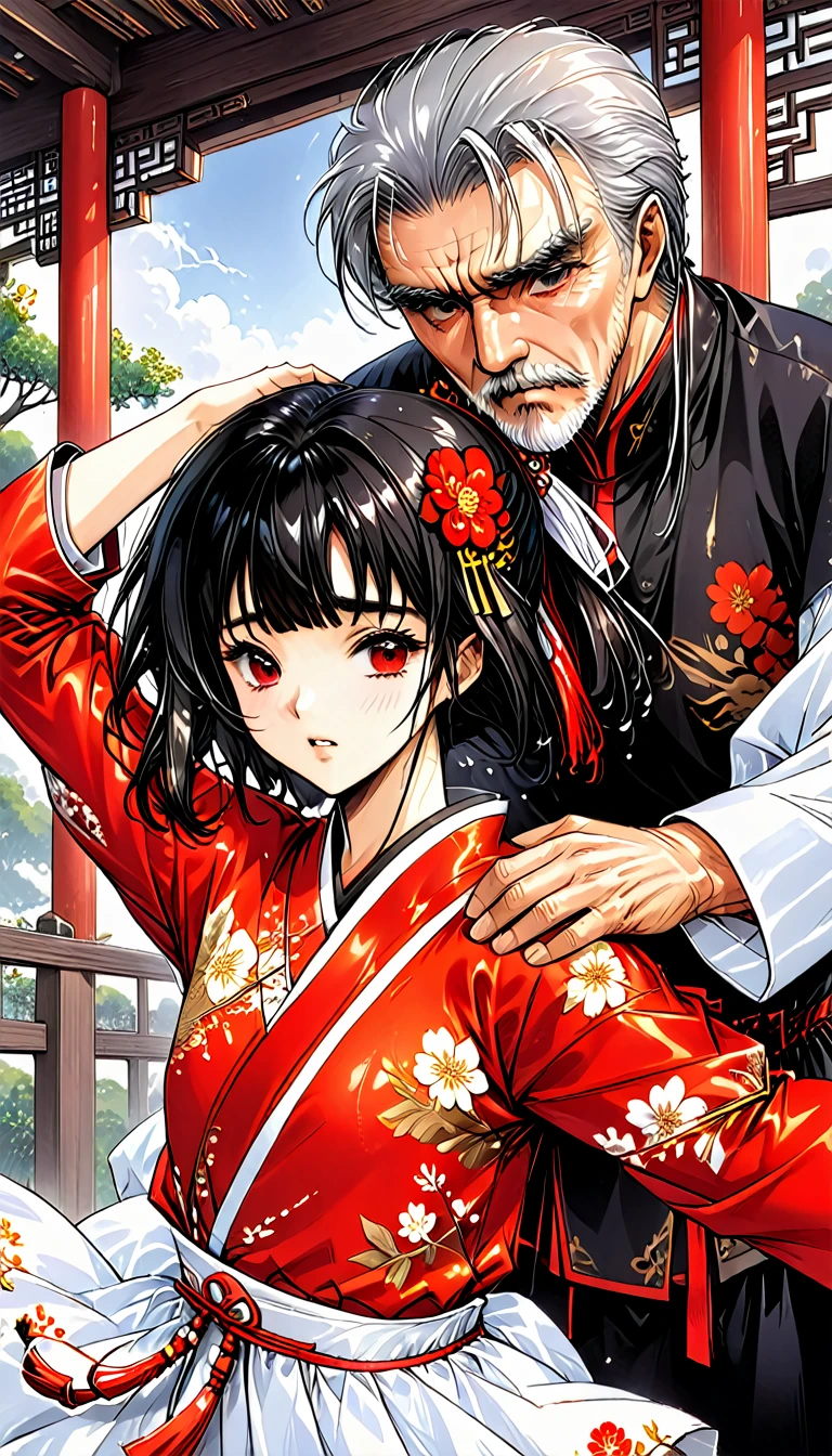 A tragic historical drama in 8k live-action style: Beautiful palace secrets　Beautiful 10 year old Chinese Kung Fu girl princess with short black hair has very rough unwanted sex with old man emperor　Gorgeous embroidery, Ultra glossy, She is wearing a shiny red top and bottom long sleeve floral kung fu suit....　　Her clothes were forcibly torn off by the old man, exposing her genitals.　