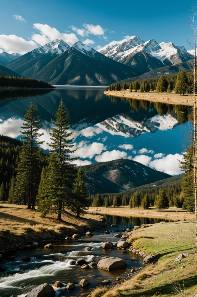 Landscape with mountains, stream, pine trees and clouds
