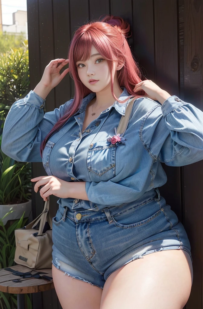 Makima de l'anime "chainsaw man", chan, corps entier, magnifique et ultra détaillée. Ssbbw, obésité morbide, Cheveux rouges, yeux jaunes, visage gras, visage ultra détaillé et doux. Chemise, jupe en jean, pose dynamique, soleil,
