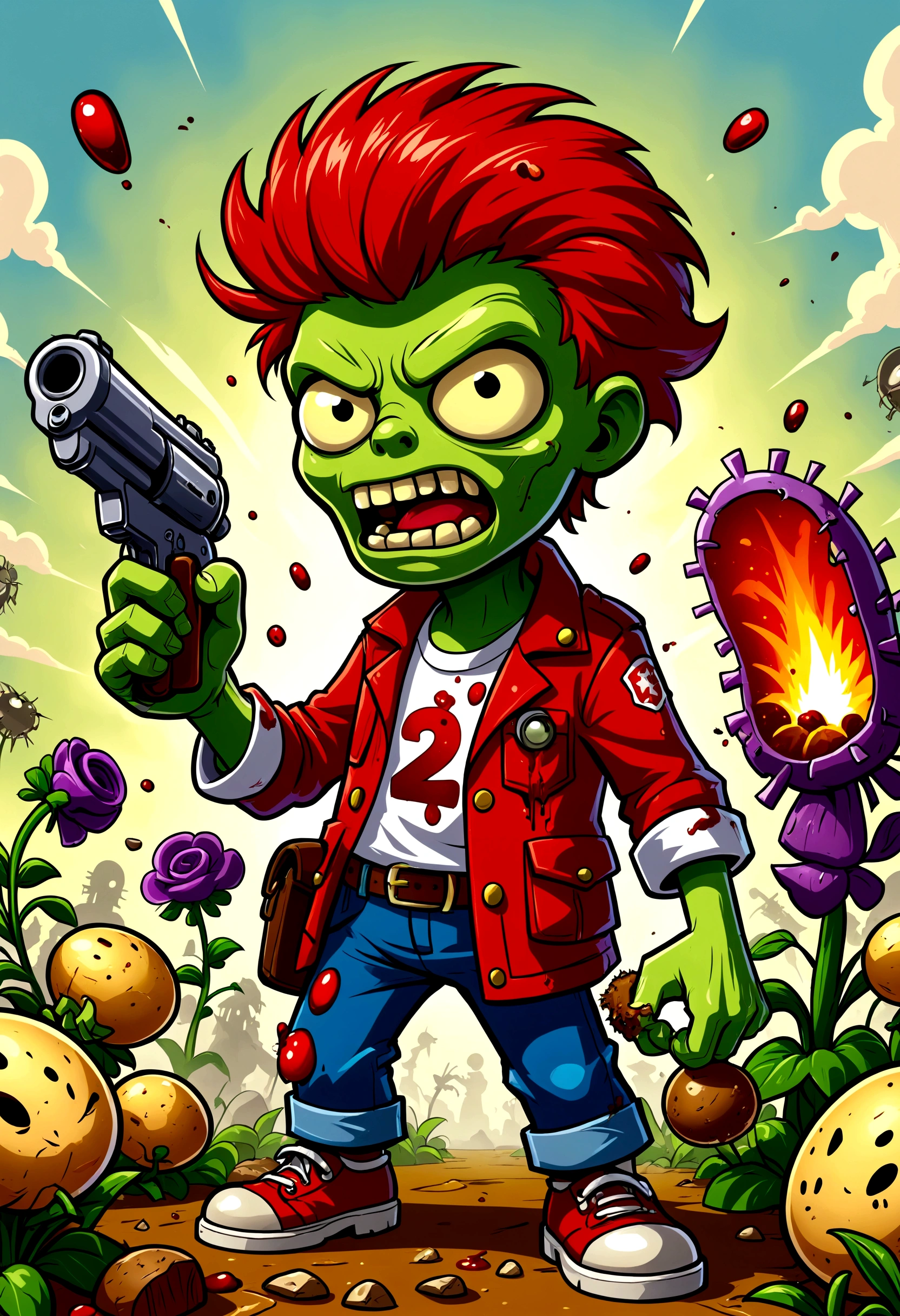 Plants vs. Zombies,Defense War Game,fear,bloody,Old,Zombies,Violence,Peashooter,Potato Mine Explosion,Ragged clothes,Exaggerated art illustration,