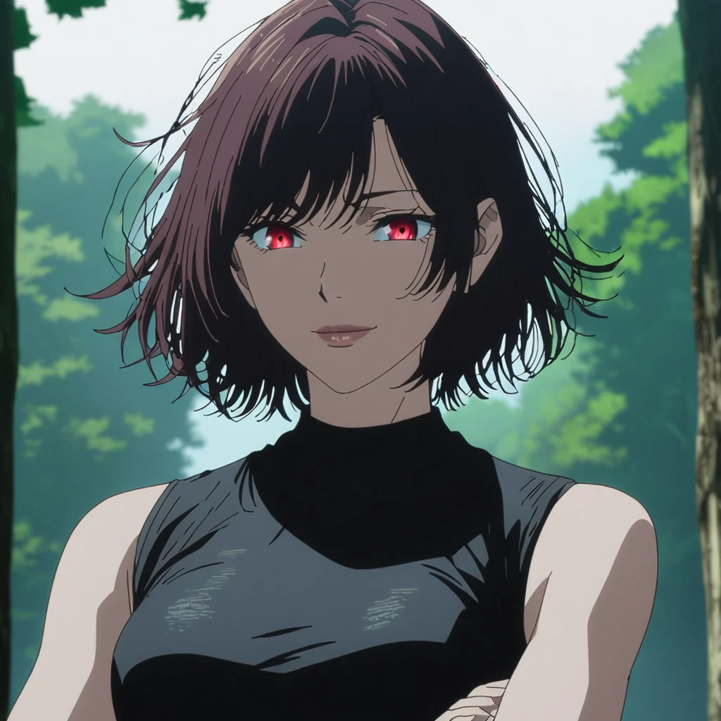 1girl, anime screencap from jujutsu kaisen, solo, very long_hair, ((smooth texture hair)) purple eyes, ((short hair, messy hair, swept bangs, red_eye)), breasts, upper_body, smile, forest background, red_eyes, lips, ((short hair, messy hair, swept bangs, red_eye)) wearing black color clothes, breast, "very detailed and high resolution" (red eyes) ((cross arms))  ((smooth texture hair)) ((solo)) ((high resolution)) (Good quality) 