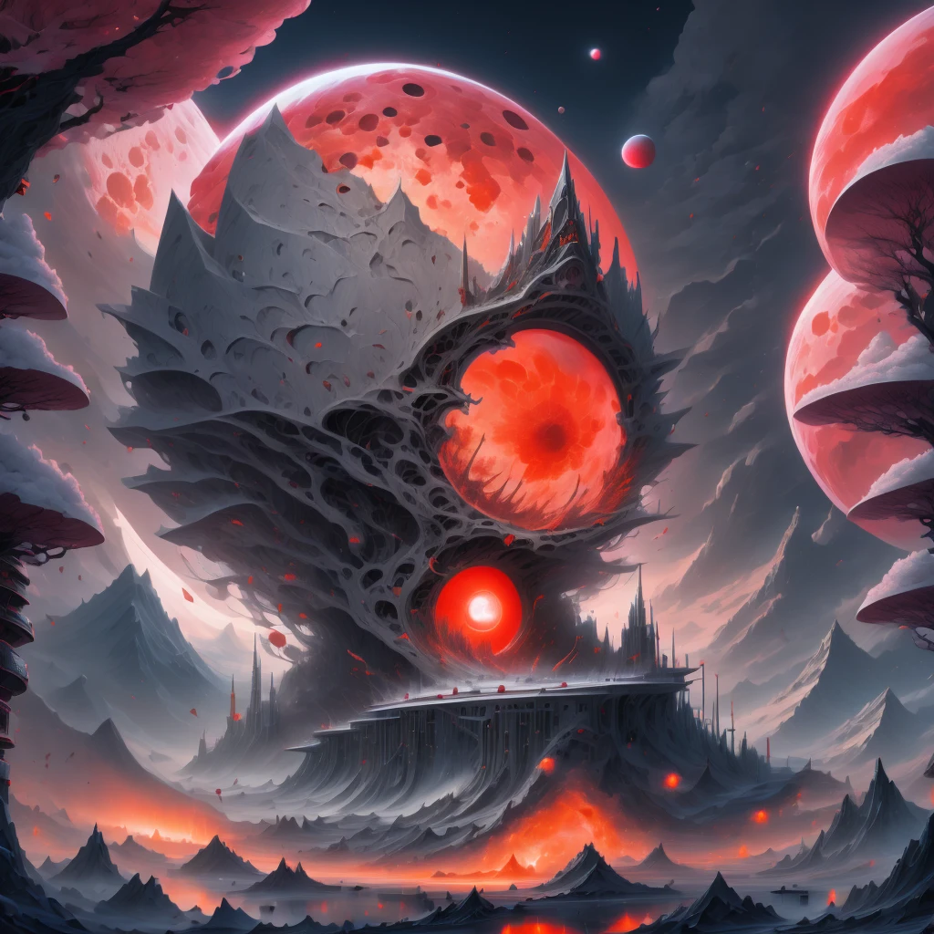 Japanese cherry blossoms, mountain, mega huge moon, gorod grehov style, red, vinous, orange, grey, white, black