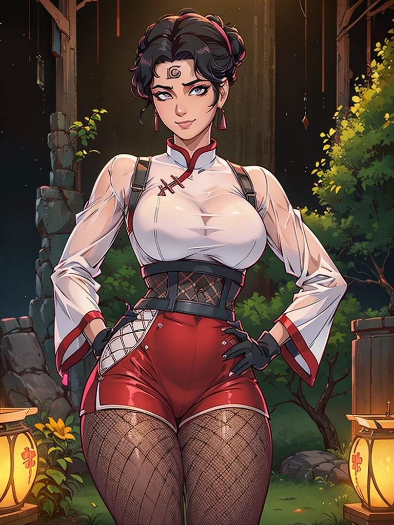 Just one girl,Best quality, 4k, high resolution, body stuck dress, perfect smile, gorgeous, light skin, ahegao face(hentai face) ,black hair,wearing head band, wears bodystuck White qipao shirt with long sleeves and red edges,
Wearing Loose red pants that reach below her knees (whith fishnet holes)(tight at end), wearing black fingerless gloves, wearing bodystuck top(wearing long pink bloud ), clothes are stuck in body, bodyfit outfit,1 girl, solo, seductive look, elegance and charm, (masterpiece, best quality, high resolution), looking at the viewer, standing, (intricate and beautiful:1.2), (detailed light:1.2), (soft light, side light), (high resolution textures) , holding leash in hand(chain leash), outdoor, Burmese girl, wearing gorgeous jewelary, wearing harness over the outfit ,outdoor background, sun light, attractive, sexy, mature and hot, young,(masterpiece:1.3), (disorganized:1.3), (highest quality:1.3), perfect anatomy, detailed face, front view, perfect right hands, looking at viewer, (Super detailed:1.3), (best shadow:0.7), (treated hair), fine eyes, beautiful eyes, young aged woman, alone, standing, crystal earrings,closed_mouth, , outdoors,Thick thighs, arrogant face, small 