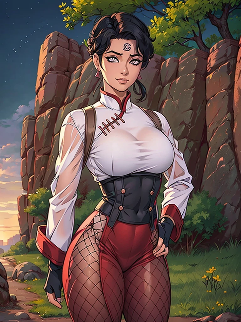 Just one girl,Best quality, 4k, high resolution, body stuck dress, perfect smile, gorgeous, light skin, ahegao face(hentai face) ,black hair,wearing head band, wears bodystuck White qipao shirt with long sleeves and red edges,
Wearing Loose red pants that reach below her knees (whith fishnet holes)(tight at end), wearing black fingerless gloves, wearing bodystuck top(wearing long pink bloud ), clothes are stuck in body, bodyfit outfit,1 girl, solo, seductive look, elegance and charm, (masterpiece, best quality, high resolution), looking at the viewer, standing, (intricate and beautiful:1.2), (detailed light:1.2), (soft light, side light), (high resolution textures) , holding leash in hand(chain leash), outdoor, Burmese girl, wearing gorgeous jewelary, wearing harness over the outfit ,outdoor background, sun light, attractive, sexy, mature and hot, young,(masterpiece:1.3), (disorganized:1.3), (highest quality:1.3), perfect anatomy, detailed face, front view, perfect right hands, looking at viewer, (Super detailed:1.3), (best shadow:0.7), (treated hair), fine eyes, beautiful eyes, young aged woman, alone, standing, crystal earrings,closed_mouth, , outdoors,Thick thighs, arrogant face, small 