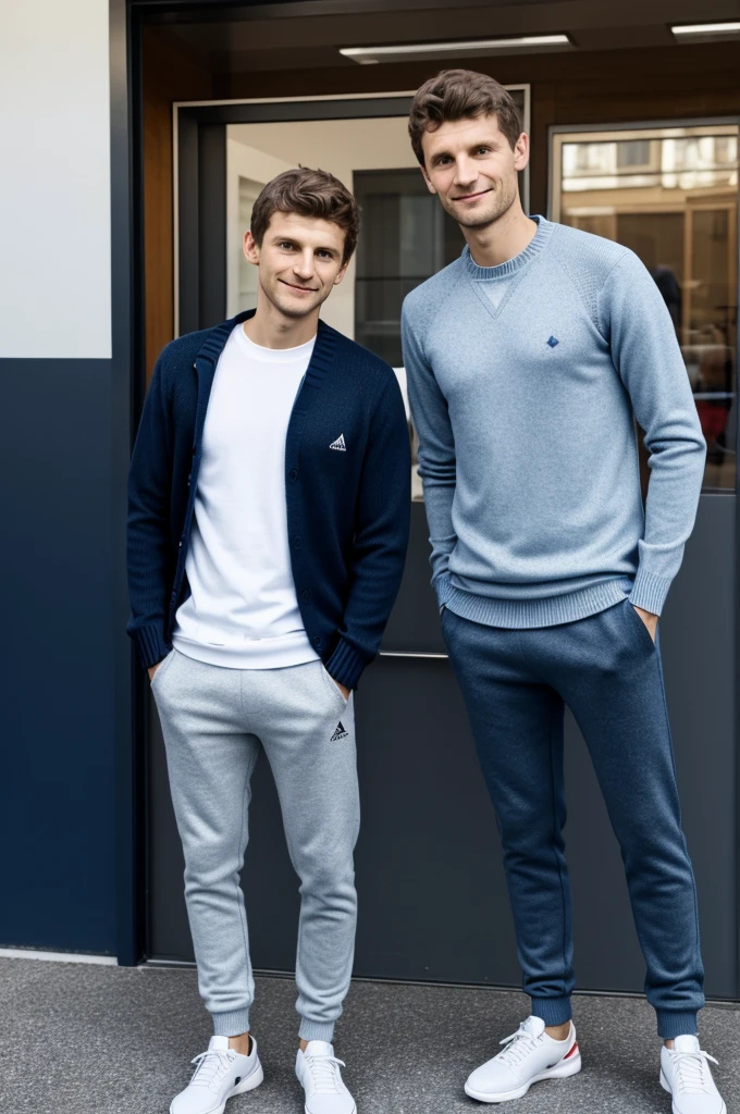 I take a picture with Thomas Müller and Thomas Müller is wearing a dark blue sweater and black jogging pants. I am 14 years old and I am wearing a white sweater and blue jeans