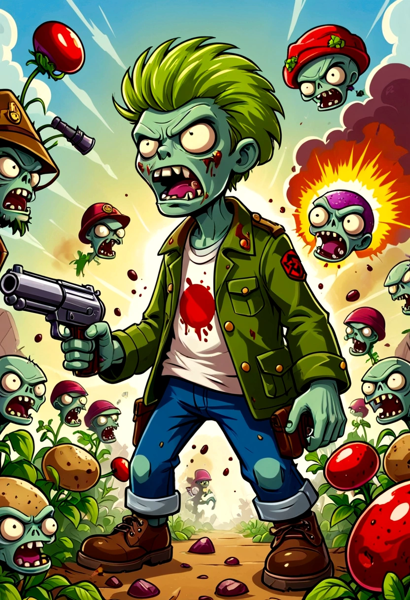 Plants vs. Zombies，Zombies are about to invade，Defense War Game，fear，bloody，Old，Zombies，Violence，Peashooter，Potato Mine Explosion，Ragged clothes，Exaggerated art illustration，