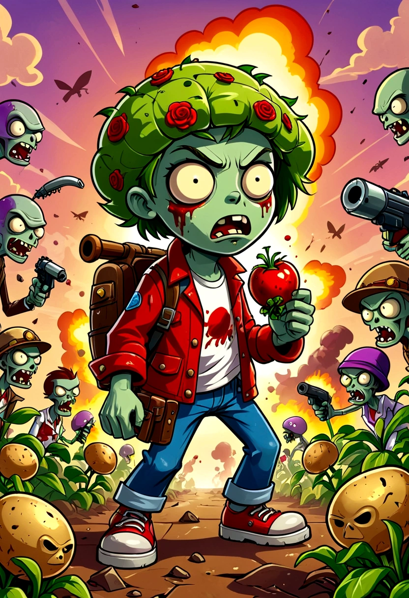 Plants vs. Zombies,Zombies are about to invade,Defense War Game,fear,bloody,Old,Zombies,Violence,Peashooter,Potato Mine Explosion,Ragged clothes,Exaggerated art illustration,