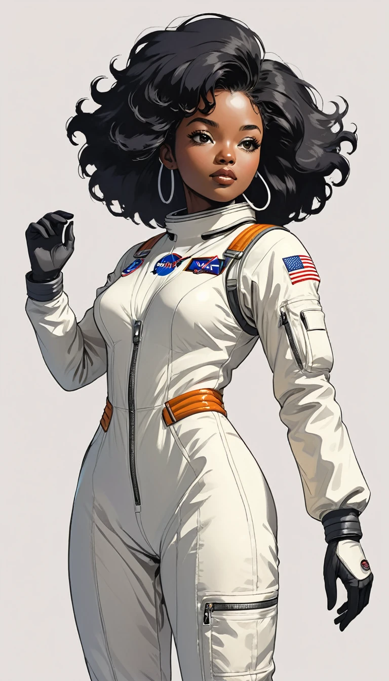 monochromatic、22 years old、woman、Moderate bust、Simple Background、solo、slender、1 person、Superpowers、Small parts floating in the air、Black Hair、Straight Hair、Upper Body、collect light in your hands、Retro spacesuit、nasa、Afro-American