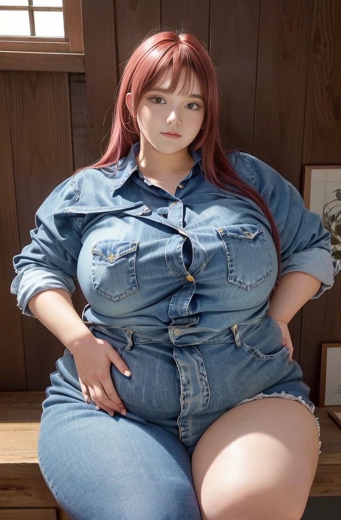 Makima de l'anime "chainsaw man", bbwchan, corps entier, magnifique et ultra détaillée. Ssbbw, obésité morbide, Cheveux rouges, yeux jaunes, visage gras, visage ultra détaillé et doux. Chemise blanche, jupe en jean, pose dynamique, soleil,