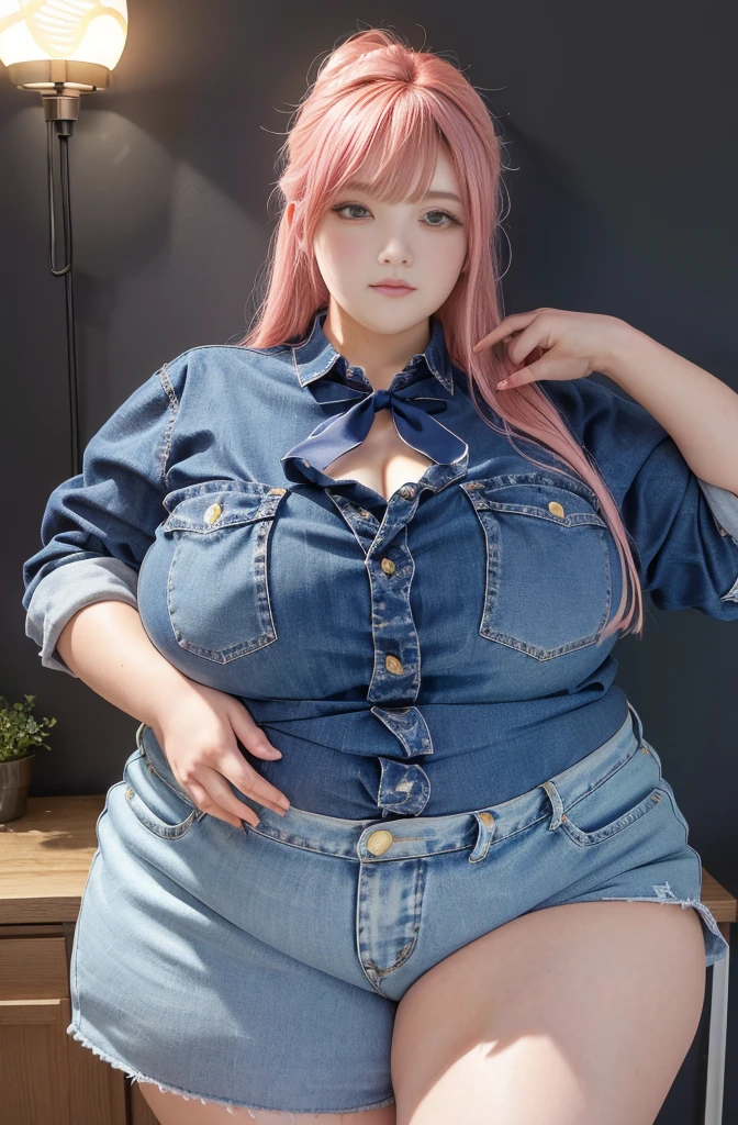 Makima de l'anime "chainsaw man", bbwchan, corps entier, magnifique et ultra détaillée. Ssbbw, obésité morbide, Cheveux rouges, yeux jaunes, visage gras, visage ultra détaillé et doux. Chemise blanche, jupe en jean, pose dynamique, soleil, 