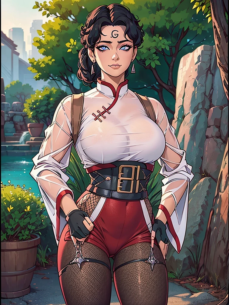 Just one girl,Best quality, 4k, high resolution, body stuck dress, perfect smile, gorgeous, light skin, ahegao face(hentai face) ,black hair,wearing head band, wears bodystuck White qipao shirt with long sleeves and red edges,
Wearing Loose red pants that reach below her knees (whith fishnet holes)(tight at end), wearing black fingerless gloves, wearing bodystuck top(wearing long pink bloud ), clothes are stuck in body, bodyfit outfit,1 girl, solo, seductive look, elegance and charm, (masterpiece, best quality, high resolution), looking at the viewer, standing, (intricate and beautiful:1.2), (detailed light:1.2), (soft light, side light), (high resolution textures) , holding leash in hand(chain leash), outdoor, Burmese girl, wearing gorgeous jewelary, wearing harness over the outfit ,outdoor background, sun light, attractive, sexy, mature and hot, young,(masterpiece:1.3), (disorganized:1.3), (highest quality:1.3), perfect anatomy, detailed face, front view, perfect right hands, looking at viewer, (Super detailed:1.3), (best shadow:0.7), (treated hair), fine eyes, beautiful eyes, young aged woman, alone, standing, crystal earrings,closed_mouth, , outdoors,Thick thighs, arrogant face, small 