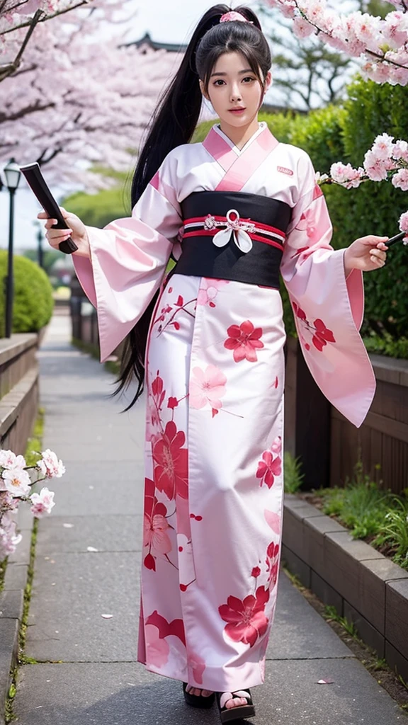 Sakura Jinguji in live action Sakura Wars Long black hair in a ponytail Large hair ribbon Sakura patterned kimono Japanese sword in right hand Full body