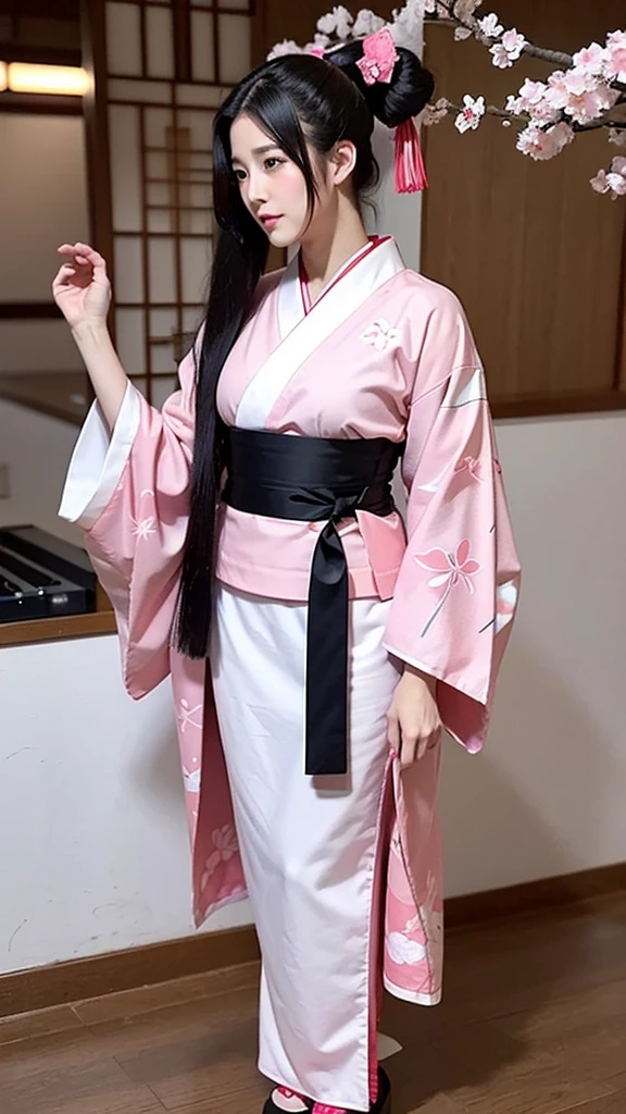 Sakura Jinguji in live action Sakura Wars Long black hair in a ponytail Large hair ribbon Sakura patterned kimono Japanese sword in right hand Full body