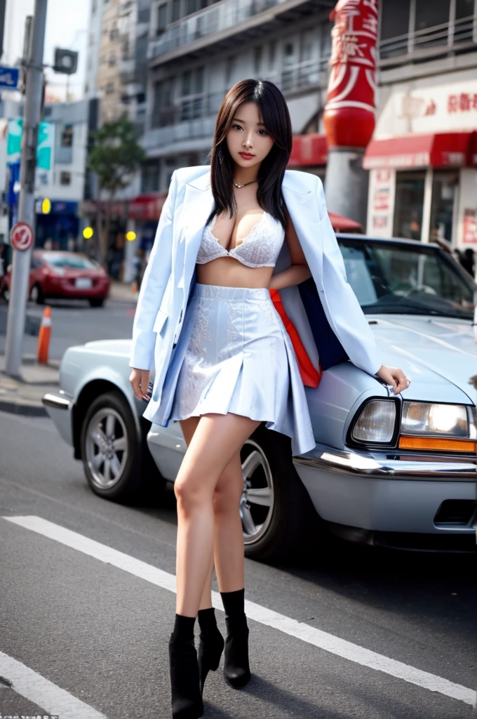 a 16 year old girl, she is the most beautiful actress in the world, the perfect body proportions of this girl, the blazer is firmly the skin of her upper body with it's large breasts are covered 100% by the shirt that's firmly covered by the blazer, it's hard for the short skirt to hide the crotch area between her bare legs, the things she wears are formal, it's only one description of one body, it's from right above her head to shins above her feet are just within this frame, all her body is looking forward to viewer for this, she is standing at the city street, nsfw, best quality, highly detailed, masterpiece, ultra high res, photo realistic, 8k, RAW photo