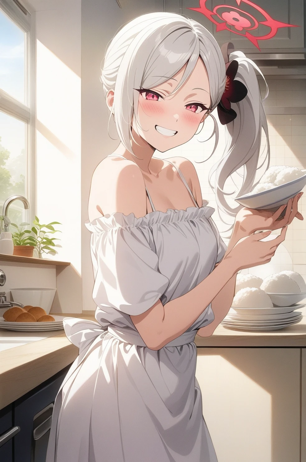 best quality, amazing quality, very aesthetic, absurdres, (1girl, mutsuki, blue archive, solo, red eyes, white hair, side ponytail), (realistic face:0.9),(off-shoulder dress:1.8),dress lift, (grin, blush, thigh:1.3), (cowboy shot), (glowing eyes:1.1), (half closed eyes:0.9), (from side:2),(official art:1.3), (kitchen), expressive eyes, perfect face, 4k, extremely detailed anime illustration, extremely detailed eyes, perfect anatomy, light rays, extremely delicate body, smooth skin, (school background:1.5), clear eyes, beautiful face, small breasts,(anime style:1.5), (Chiaroscuro:1.5), (highres:2), In the kitchen, brightly lit by the morning sun, a woman in a white apron is smiling at us. In her right hand is a handful of rice balls, and in her left is a small white plate filled with salt. Her smile is as if she is saying, "Look, it's almost ready.