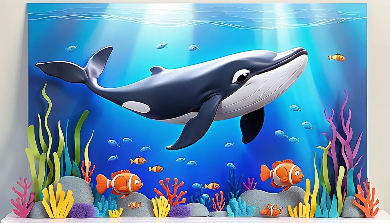 Create a 3-D Pixar style art scene for kids featuring a whale surfacing to breathe air, showing its blowhole. The scene should be colorful and vibrant, with an ocean background, coral reefs, and schools of fish.The overall mood should be engaging and inviting for young children.