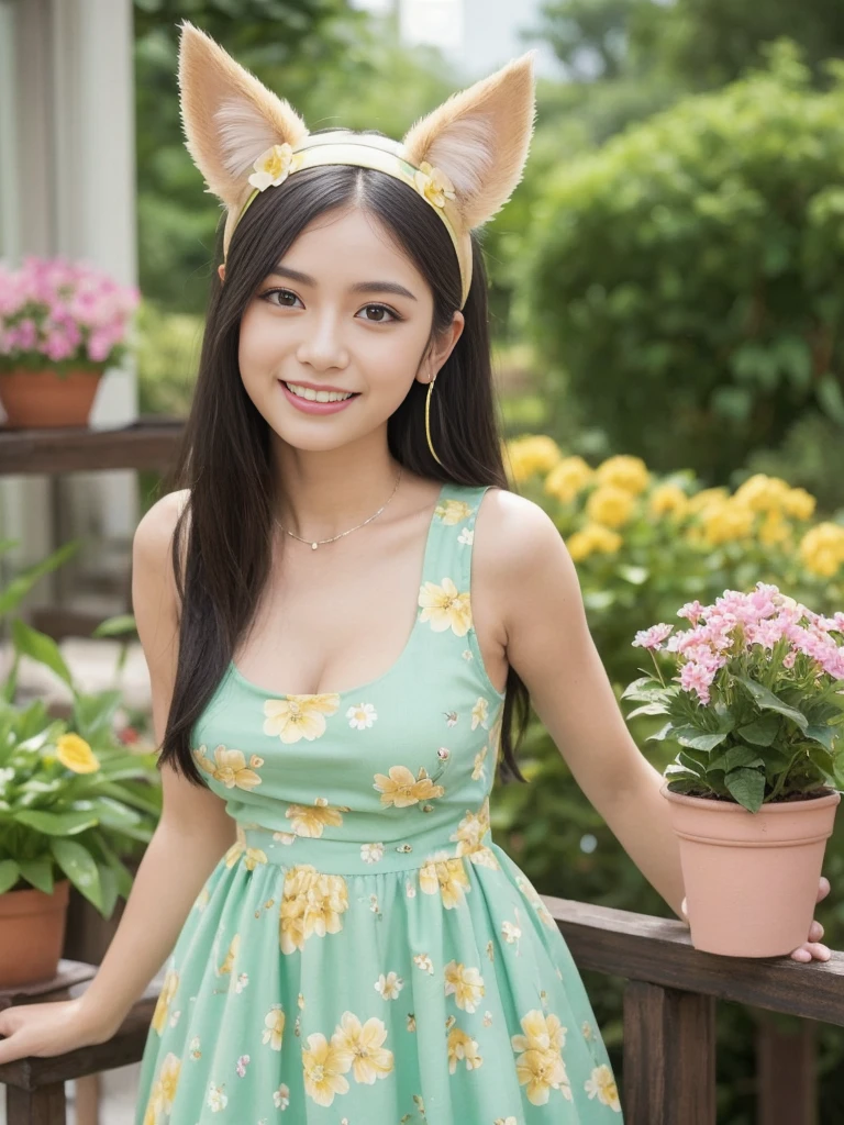 1 girl, :d, ปุยanimal ears, animal ears, smooth, black hairband, blonde hair, Blurry, Blurry background, depth of field, dress, flower, Big breasts, flower pot, frilled dress, court, green dress, green eyes, hairband, holding, long hair, open mouth, pink flower, plant, potted plant, ร่าd, Sleeveless, Sleeveless dress, smile, ตามลำพัd, หาd, wrist, yellow flower, 1980 (style)
