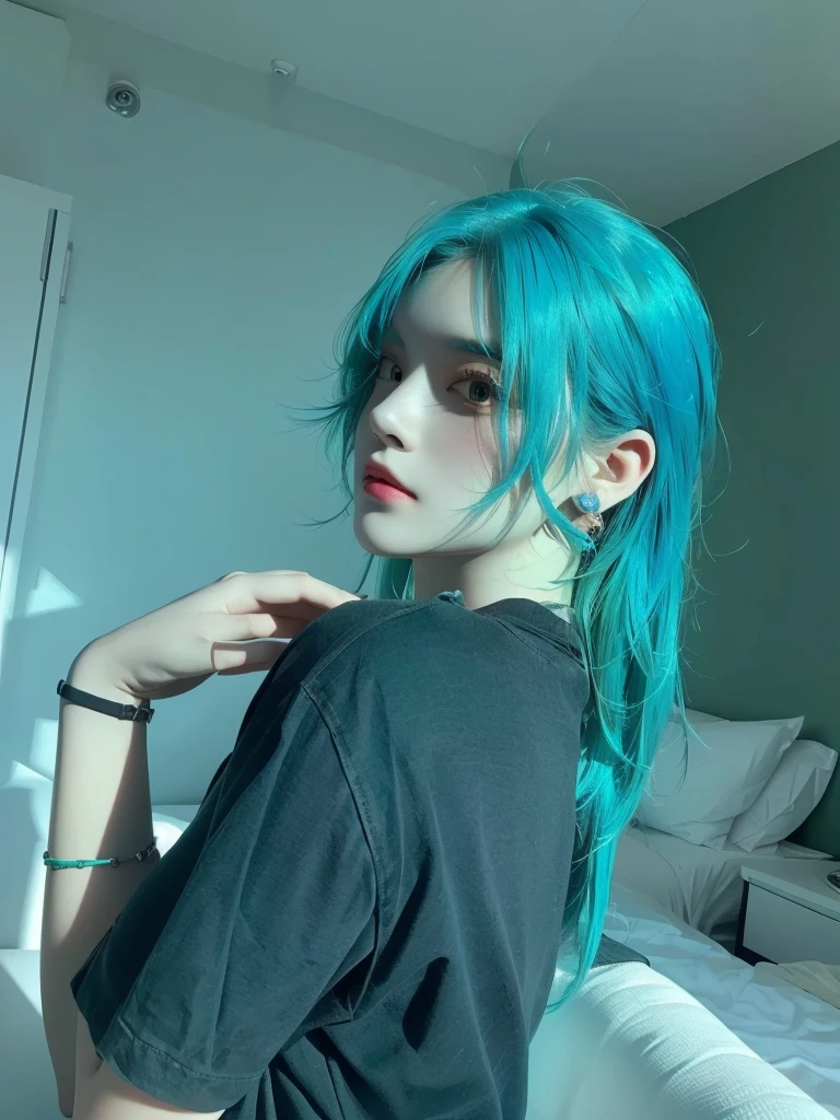 8K high quality,1 woman,Turquoise green hair:1.5