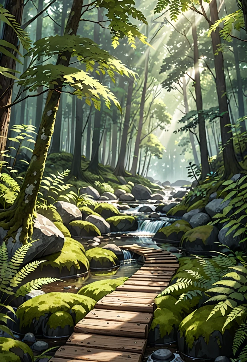 Generate a highly detailed, semi-realistic 8K image of a serene forest scene with a clear, flowing stream. The stream should have detailed water textures and reflect the sunlight, with rocks covered in moss and ferns growing alongside the bank. The forest should feature dappled light filtering through the leaves, creating soft shadows and intricate patterns on the forest floor. Include detailed wooden pathways and textured stone paths that lead through the forest. The atmosphere should be calm and refreshing, with anime style 40% and realistic details 80%, focusing on natural, muted tones to enhance the serene environment.