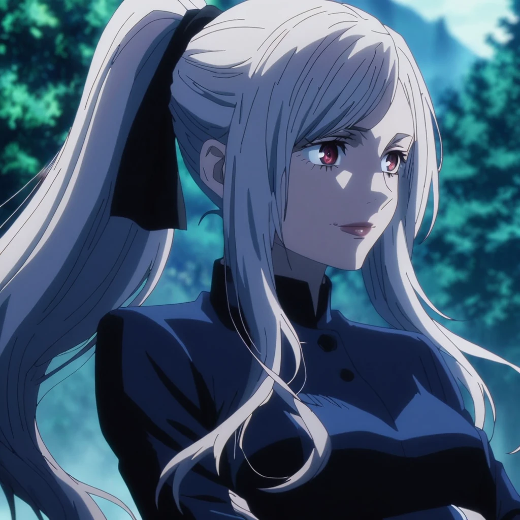 1girl, anime screencap from jujutsu kaisen, solo, very long_hair, ((smooth texture hair)) purple eyes, ((long hair, white hair, hair ponytail , red_eye)), breasts, upper_body, smile, forest background, red_eyes, lips, ((long white hair, elegant hairstyle, hair ponytail ,red_eye)) wearing black color clothes, breast, "very detailed and high resolution" (red eyes) ((cross arms)) ((smooth texture hair)) ((solo)) ((high resolution)) (Good quality)