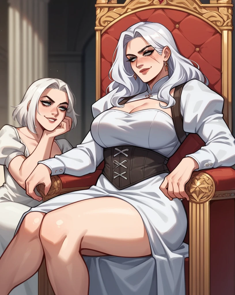 {{upper body}} {{Artist: ratatatat74}} {{NSFW}} 2 girls [High Priority], mature womans, throne, sitting, suit, elfs, white hair, femdom, scar on face, seductive smile, white dress futanari, big penis [High priority], medieval fantasy.