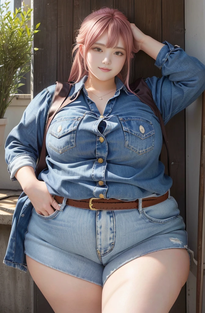 Makima de l'anime "chainsaw man", bbwchan, corps entier, magnifique et ultra détaillée. Ssbbw, obésité morbide, Cheveux rouges, yeux jaunes, visage gras, visage ultra détaillé et doux. Chemise blanche, jupe en jean, pose dynamique, soleil,