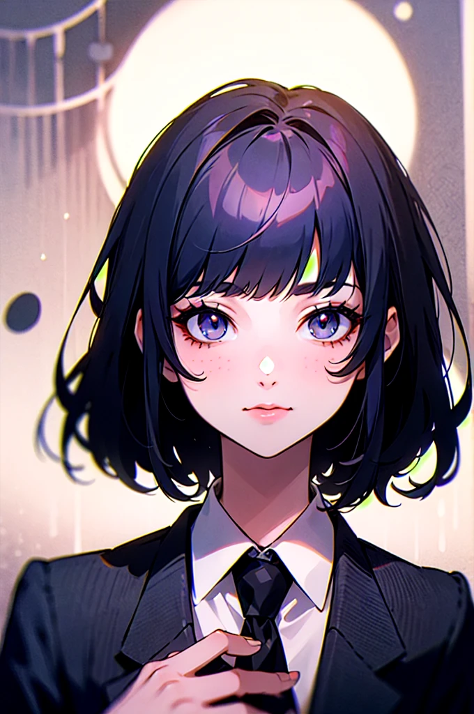 woman with short dark blue hair, dressed elegantly, with straight bangs, elegant, polka dots on her face, white eyes, tie