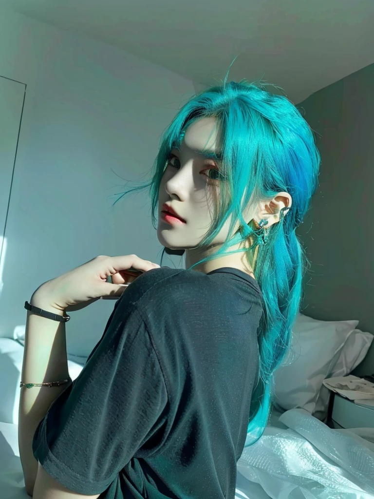 8K high quality,1 woman,Turquoise green hair:1.5