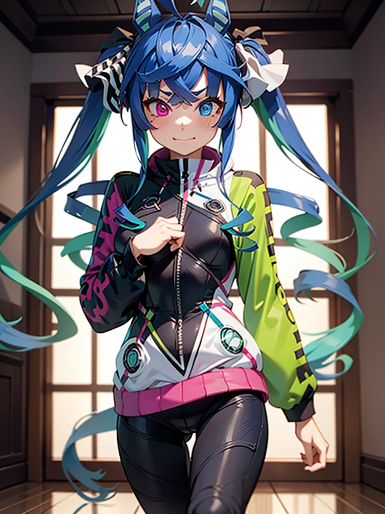 (masterpiece、top-quality、hight resolution、Unity 8k Wallpaper、extremely details CG:1), In an empty private room, a female cosplayer poses seductively. She is dressed in an intricate and detailed costume that mimics her character, complete with accessories. The simplicity and lack of other distractions in the room emphasize her sexually alluring costume and pose. The lighting highlights the details of her figure and costume and captures the essence of cosplay. Twin_turbo_umamusume,aqua hair, twintails, heterochromia, purple eyes, blue eyes, small breasts, multicolored hoodie, black leggings, smugness