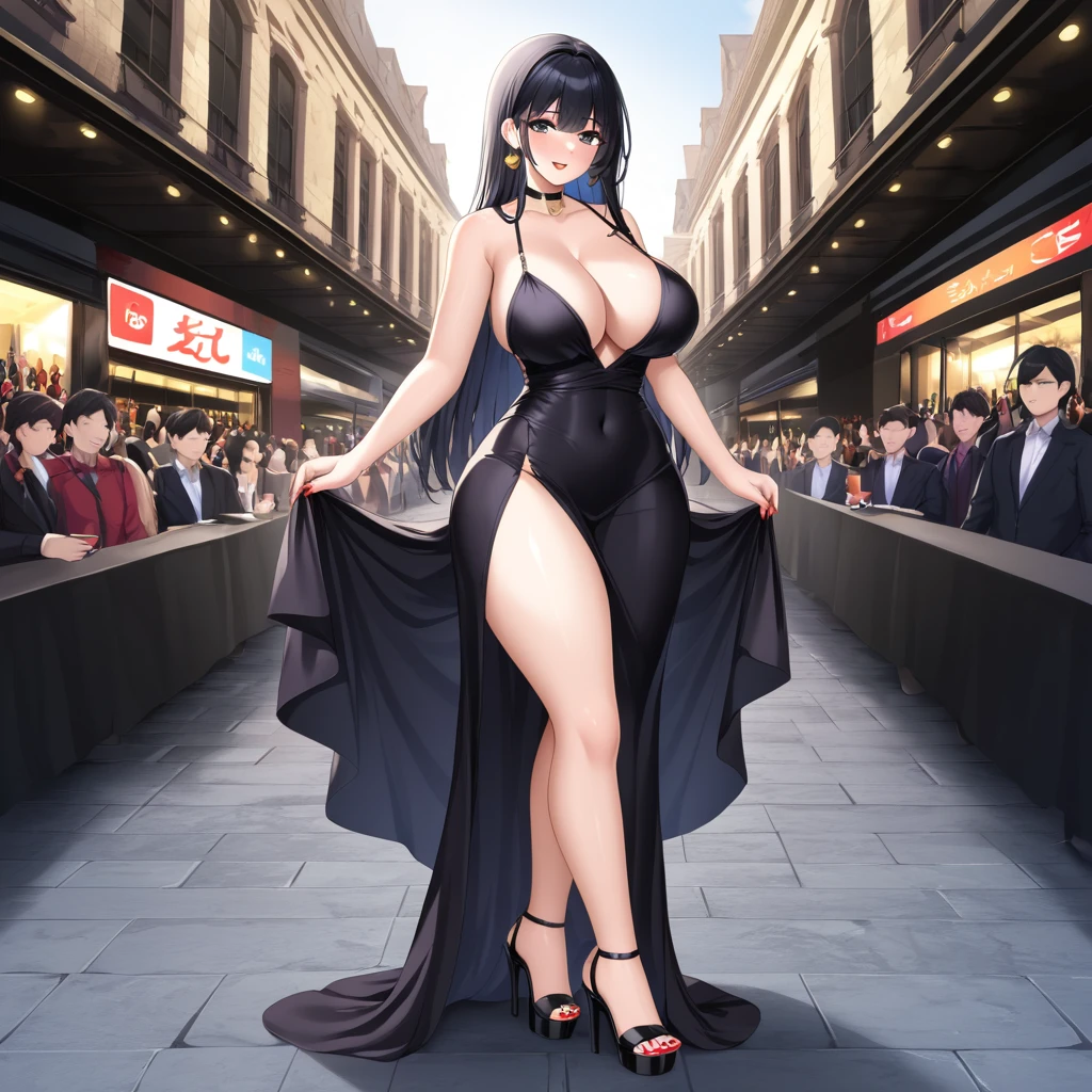 , beautiful girl with fair skin, black hair, black eyes, wearing a lustrous black dress that highlights her wide hips, wide shoulders, and big breasts, cleavage, and big ass. She is wearing open-toe heels with red painted toenails and nails. She is a tall girl standing in a crowd, with an ethereal, score_10, ballad-like atmosphere, in a 2.5D style.