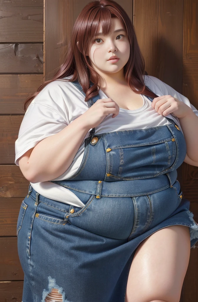 Makima from the anime "Chainsaw Man", bbwchan, whole body, beautiful and ultra detailed. ssbbw, morbid obesity, Dark red hair, yellow eyes, oily face, ultra detailed and soft face. shirt, denim skirt, dynamic pose, Sun,
