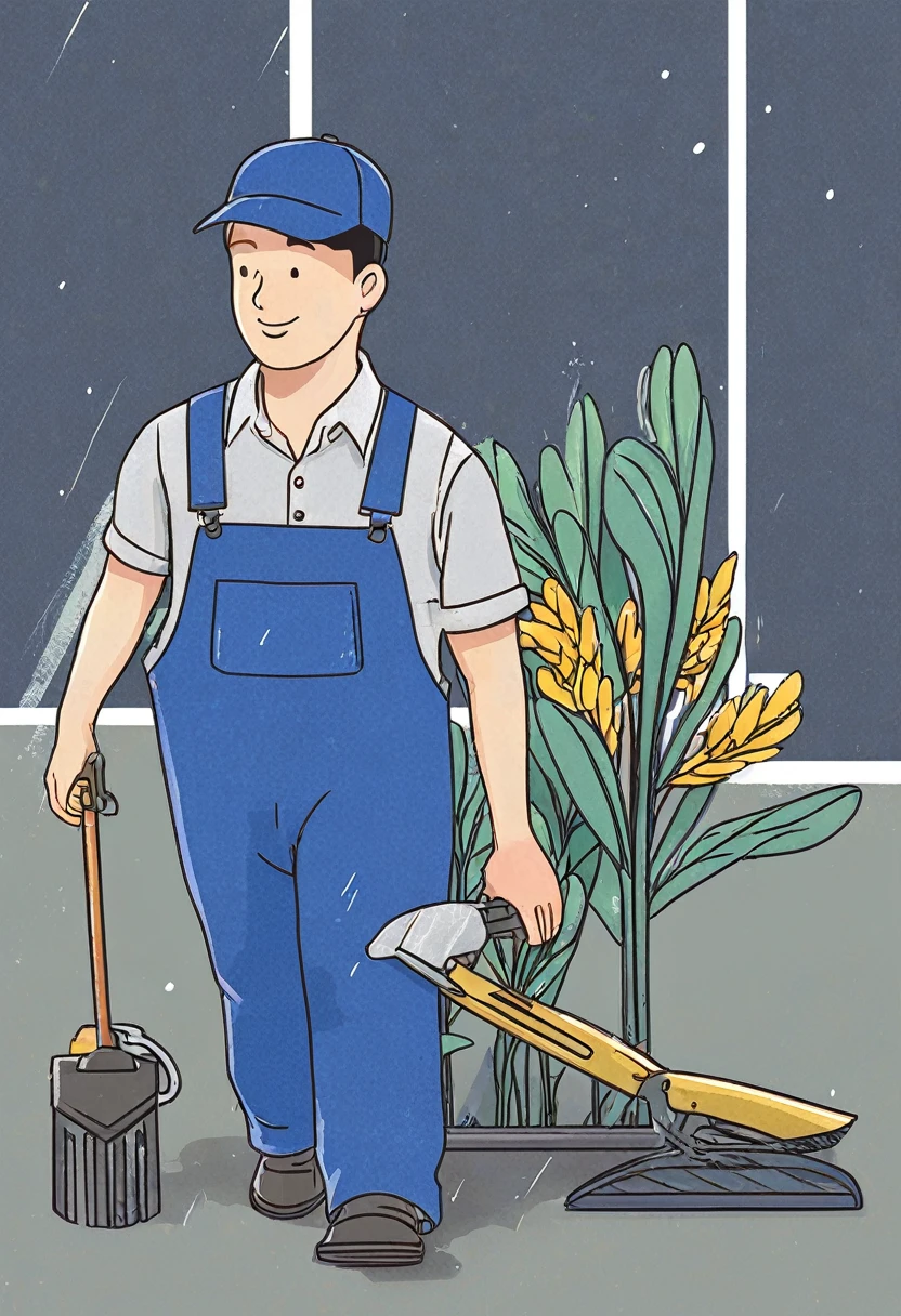 Maintenance personnel，A man wearing a blue hat，Wearing blue overalls，illustration，Stroke，formal，