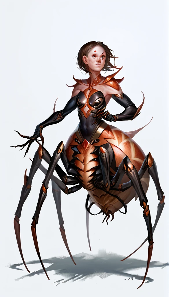 score_9, score_8_up, score_7_up, (clear simple background, white background, papyrus background),
(Spidergirl)), _young, anthro, (arachne), arthropod girl, spider body, solo, (female), (fullbody, focus), beautiful, (dressed)