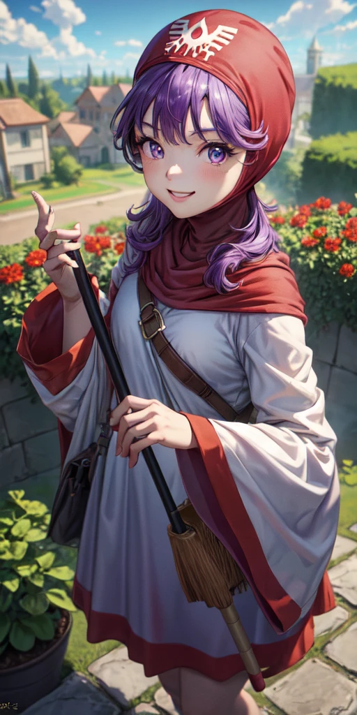 masterpiece, best quality, 4k, 8k, dqPom, red hood, purple hair, robe, upper body, standing, holding staff, sky, garden, looking at viewer, from above, smile