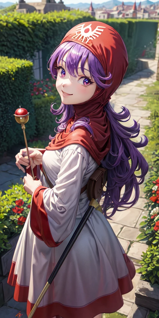 masterpiece, best quality, 4k, 8k, dqPom, red hood, purple hair, robe, upper body, standing, holding staff, sky, garden, looking at viewer, from above, smile