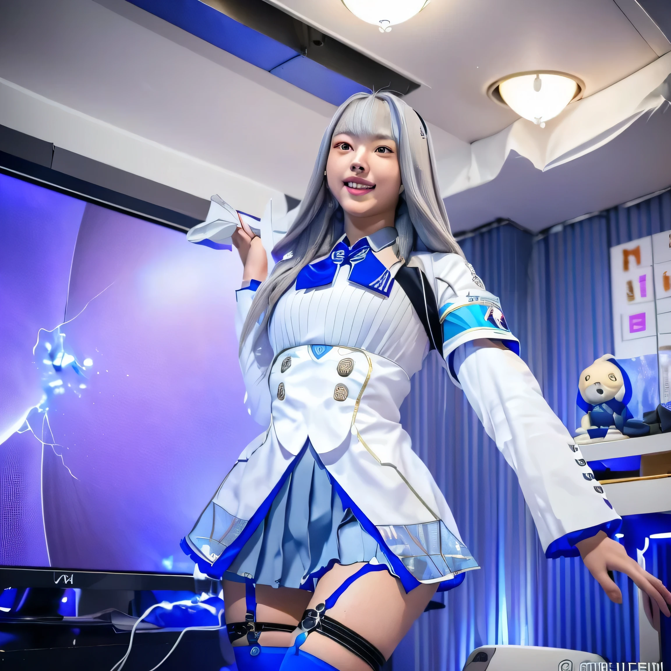 

standing,
leg up,(((Liz Hellesta))),gameroomconcept,PC Desk,((Gaming Chair)),Pay,Game Controller,keyboard,((Looking at the smartphone in his hand)),vtuber,Game Now Streaming,((White Delivery Room)),(Liz HellestaHair)，((Dressed seriously)),(((Do not expose breasts))),masterpiece, Highest quality, beautiful,(1 female), Liz Hell,cameltoe,(Straight gray straight hair,((bangs)),((Beautiful Japanese girl face)),Thin face,Beautiful female face,Precise depiction,Excellent costume design, charm, (Small breasts), Slender upper body,(8k Full Body RAW Photo), (Highly detailed skin: 1.2), ((Oily skin)),smile, Highly detailed face, ((Grey Hair)),fine grain, ((Sweaty body)), (((Oily skin))),Inside the room,1 Girl,Open your mouth,(((Open your eyes))),(((View your viewers))),(((Open your eyes))),(((Open your eyes))),(Large pelvis),(Wide Hips),(((Very muscular and thick thighs Veins,))),Thigh gap,Shiny thighs.(((Narrow waist))),(Realistic:1.0),Front view,1girl,lh1, (((White panties))),cameltoe,Hair Ornament Net、Long Hair、Long sleeve、Pleated skirt、((Blue thigh-high socks in silk fabric))、((手链))、Blue pleated mini skirt、((White jacket, cotton material))、(tight white shirt)、Blue Skirt、(Metallic black thigh straps),(((Front view))),Focused on PC gaming,((Open your mouth)),Showing teeth,Constricted eyes，
