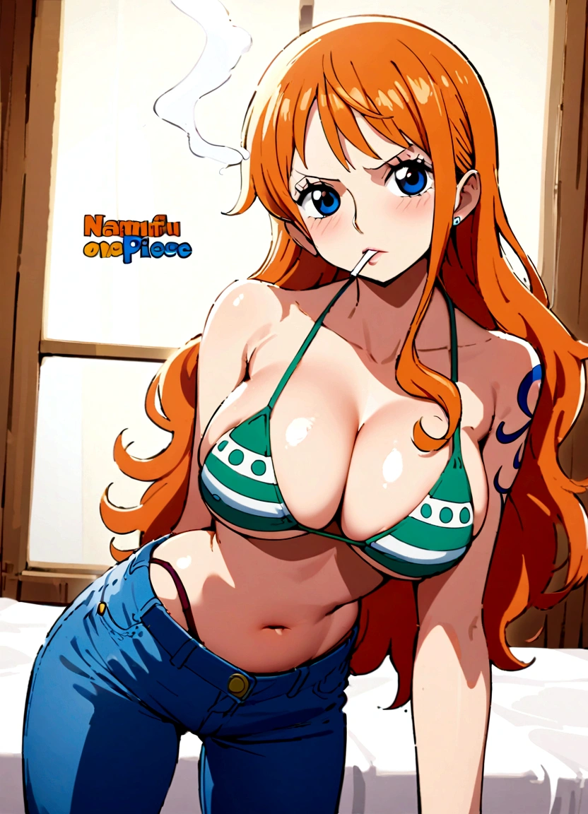 a cartoon picture of a woman in a bikini top and jeans, nami one piece, nami from one piece, nami, beautiful portrait of nami, from one piece, oppai, blue eyes, smoking, ponytail, nsfw