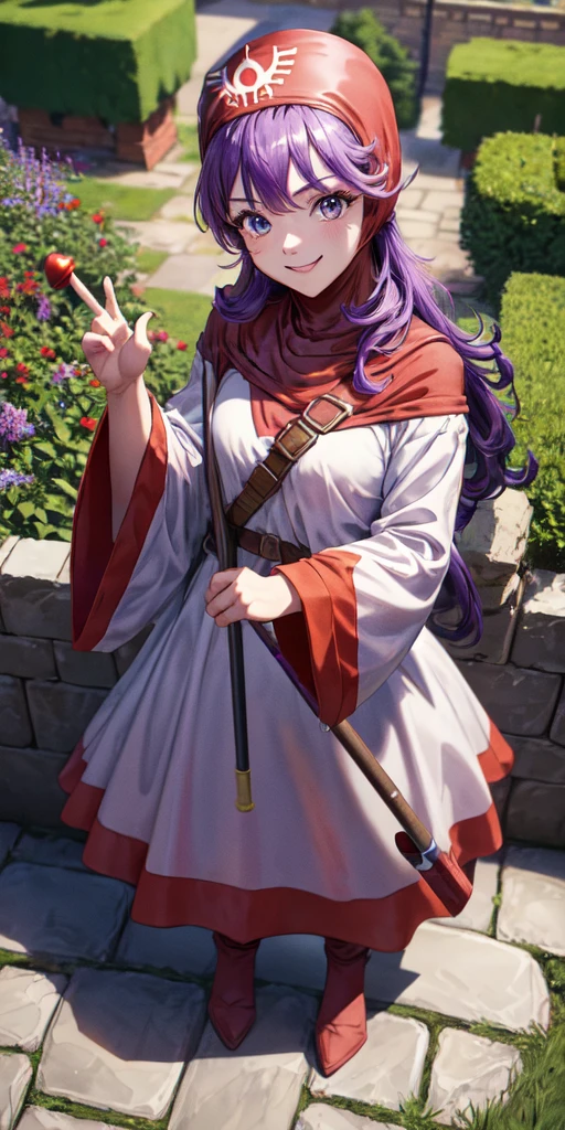 masterpiece, best quality, 4k, 8k, dqPom, red hood, purple hair, robe, cowboy shot, standing, holding staff, sky, garden, looking at viewer, from above, smile