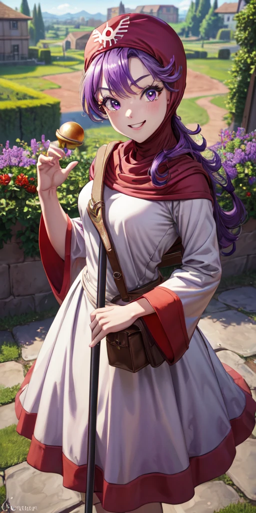 masterpiece, best quality, 4k, 8k, dqPom, red hood, purple hair, robe, cowboy shot, standing, holding staff, sky, garden, looking at viewer, from above, smile