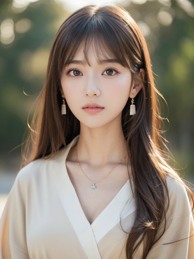  ((Highest quality, 8K, masterpiece:1.3)), concentrate: 1.2, Perfect body beauty: 1.4, Hips: 1.2, ((Long Hair, chest: 1.2)), (Dry clothes: 1.1) , (clear, Simple Background:1.3), Simple clothes: 1.1, Highly detailed face and skin texture,Delicate eyes, double eyelid, Whitened skin, Rough skin、Long Hair、Earrings with bangs、necklace、 solo、Beige coat、White shirt,  (((Beautiful girl with cute Japan)))、  ((Beautiful Japanese girl 20 years old))、 ((Baby Face))、 (((Slender body)))、  Upper Body，Face focus、necklace，Simple Background，From above， Realistic Hair、 A photograph was taken:Canon EOS R6、135mm、1/1250 seconds、f2.8、ISO400、(Detailed explanation of the hand)、(Masseter muscle area)、(Exquisite CG)、Long Hair, loose and curly hair、Korean Hair、Long Hair明るいベージュ色、グラデーションハイライトグレージュのゆるふわLong Hairスタイル、