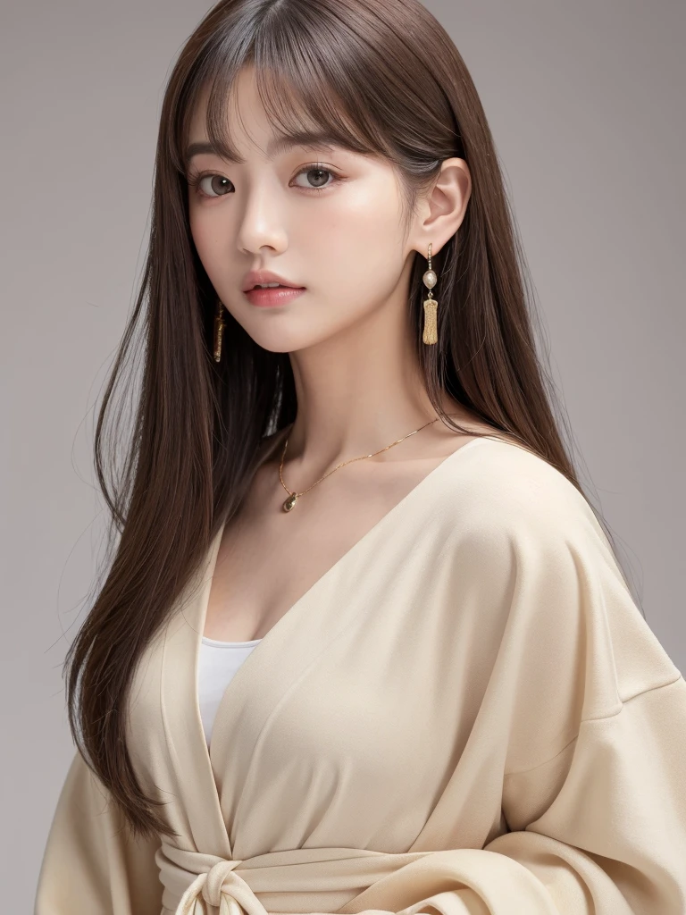 ((Highest quality, 8K, masterpiece:1.3)), concentrate: 1.2, Perfect body beauty: 1.4, Hips: 1.2, ((Long Hair, chest: 1.2)), (Dry clothes: 1.1) , (clear, Simple Background:1.3), Simple clothes: 1.1, Highly detailed face and skin texture,Delicate eyes, double eyelid, Whitened skin, Rough skin、Long Hair、Earrings with bangs、necklace、 solo、Beige coat、White shirt, (((Beautiful girl with cute Japan)))、 ((Beautiful Japanese girl 20 years old))、 (())、 (((Slender body)))、 Upper Body,Face focus、necklace,Simple Background,From above, Realistic Hair、 A photograph was taken:Canon EOS R6、135mm、1/1250 seconds、f2.8、ISO400、(Detailed explanation of the hand)、(Masseter muscle area)、(Exquisite CG)、Long Hair, loose and curly hair、Korean Hair、Long Hair明るいベージュ色、グラデーションハイライトグレージュのゆるふわLong Hairスタイル、