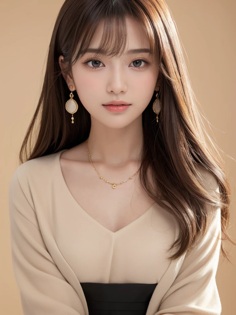 ((Highest quality, 8K, masterpiece:1.3)), concentrate: 1.2, Perfect body beauty: 1.4, Hips: 1.2, ((Long Hair, chest: 1.2)), (Dry clothes: 1.1) , (clear, Simple Background:1.3), Simple clothes: 1.1, Highly detailed face and skin texture,Delicate eyes, double eyelid, Whitened skin, Rough skin、Long Hair、Earrings with bangs、necklace、 solo、Beige coat、White shirt, (((Beautiful girl with cute Japan)))、 ((Beautiful Japanese girl 20 years old))、 ((Baby Face))、 (((Slender body)))、 Upper Body,Face focus、necklace,Simple Background,From above, Realistic Hair、 A photograph was taken:Canon EOS R6、135mm、1/1250 seconds、f2.8、ISO400、(Detailed explanation of the hand)、(Masseter muscle area)、(Exquisite CG)、Long Hair, loose and curly hair、Korean Hair、Long Hair明るいベージュ色、グラデーションハイライトグレージュのゆるふわLong Hairスタイル、