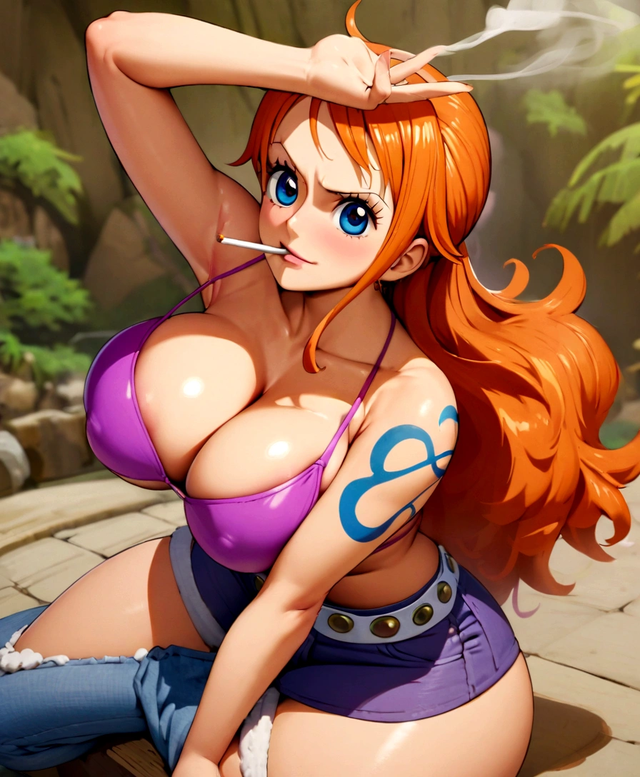 a cartoon picture of a woman in a bikini top and jeans, nami one piece, nami from one piece, nami, beautiful portrait of nami, from one piece, oppai, blue eyes, smoking, ponytail, nsfw