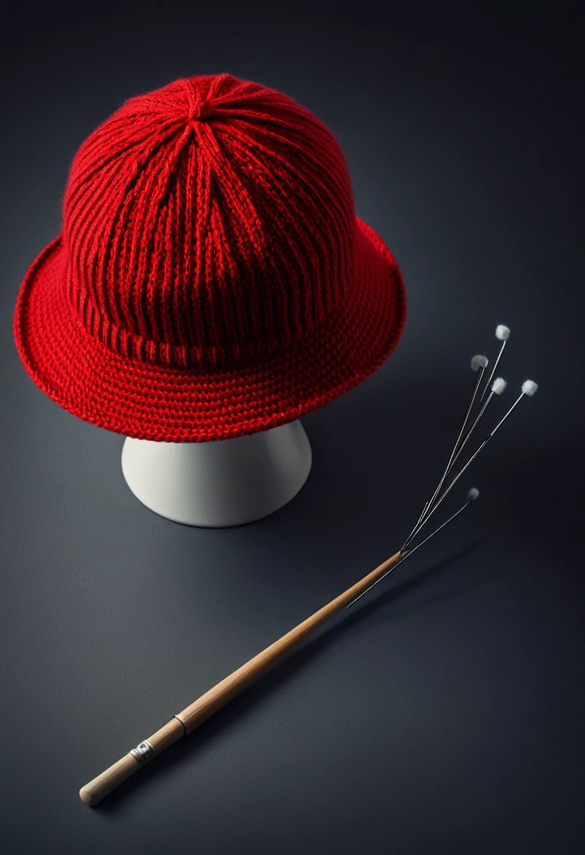 Still life photography, product photo, red knitted hat with bucket hat style, knitting needle, many knitting needle, on table, soft dramatic lighting, clean background, minimalism style, top angle shot, ultra realistic, 8k, captured with hasselblad analog camera