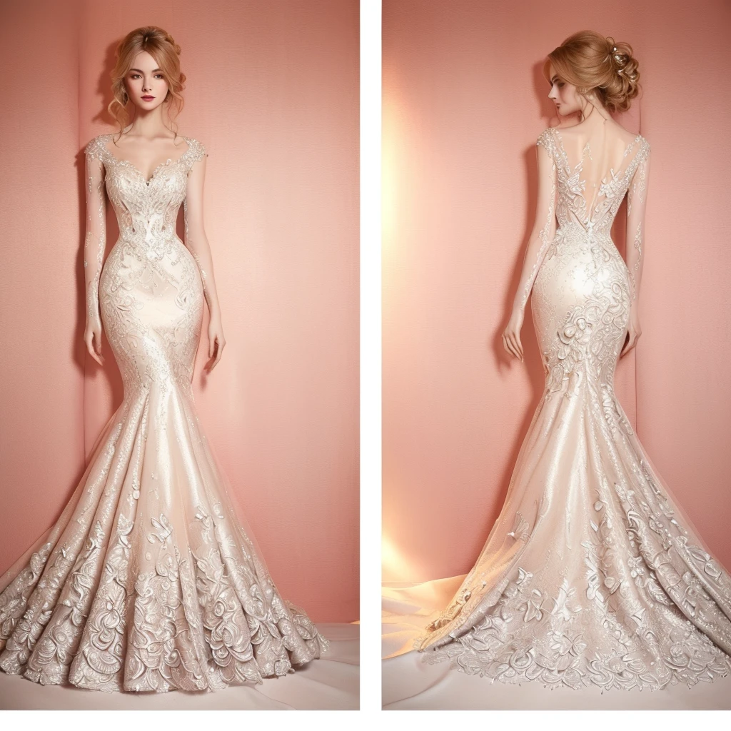 a woman in a wedding dress with a train, intricate gown, dressed beautiful gown, detailed dress and face, elegant drawing, white gown, intricate dress, detailed dress, style of charlie bowater, ornate gown,, detailed fashion, beautiful gown, intricate and elegant, beautiful detailed elegant, luxury fashion