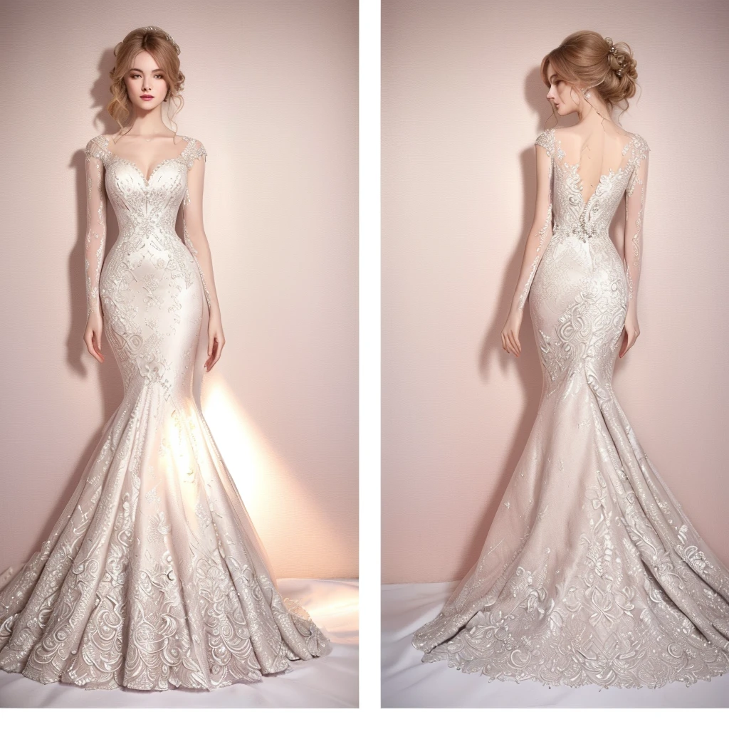 a woman in a wedding dress with a train, intricate gown, dressed beautiful gown, detailed dress and face, elegant drawing, white gown, intricate dress, detailed dress, style of charlie bowater, ornate gown,, detailed fashion, beautiful gown, intricate and elegant, beautiful detailed elegant, luxury fashion
