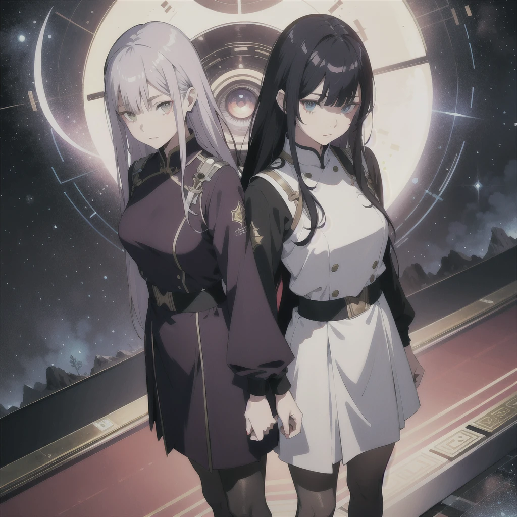 absurd res, high res, (masterpiece:1.4), ultra-detailed, 2girls twin, from above, space, floating, Chinese dress, navy dress, black stockings, silver straight long hair, straight smooth bangs, straight cutted glossy smooth hair, red left and purple right eyes, heterochromia+ each eye different coloured from another, pantyhose, opposite clothes colour